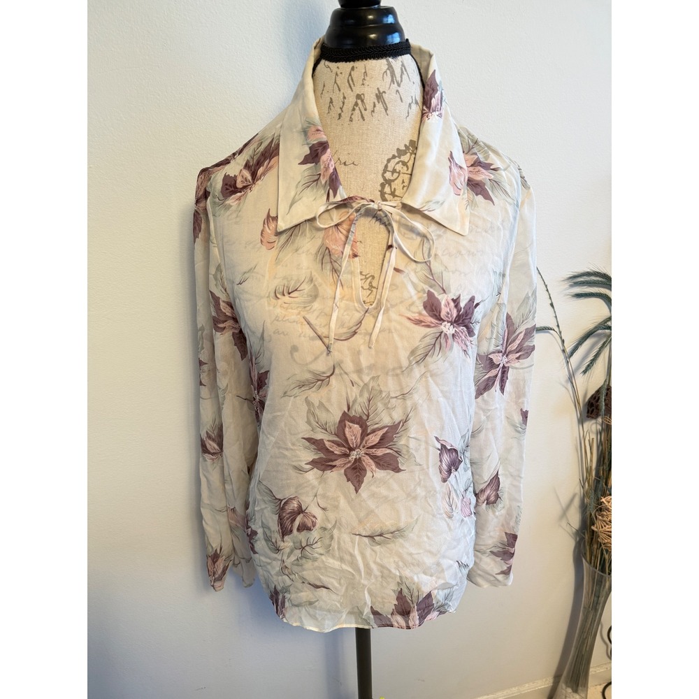 Tommy Bahama Silk Floral Print Long Sleeve Collared Neck Tie Front Blouse XS